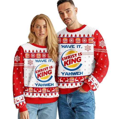 Image of 99TIMORO Burger Christ Ugly Christmas Sweater for Men and Women, Holiday Pullover Novelty Crewneck Sweatshirt, Festive Outfit Gift