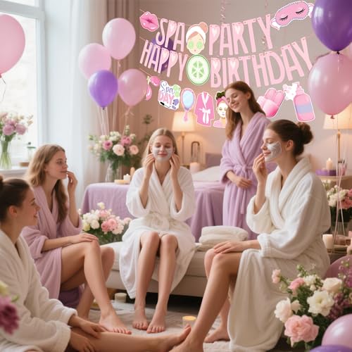 Spa Birthday Banners 3PCS Spa Birthday Party Decorations Pre-strung Makeup Party Banners Sleepover Theme Decor for Girls Slumber Pajama Party Supplies by umoni - Image 6
