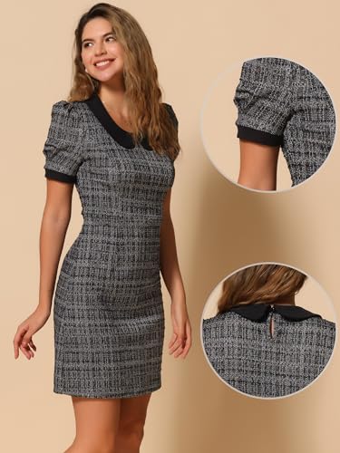 Image of Allegra K Peter Pan Collar Dresses for Women's Plaid Puff Short Sleeve Mini Tweed Dress