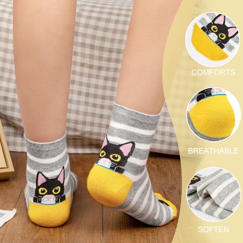 5-6 Pairs Women's Cute Cat Socks Gifts, Funny Novelty Animal Print Crew Cotton Socks Christmas Gifts for Women Girls4