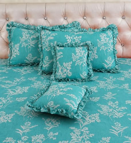 Image of VOMZER 5-Piece Premium Printed Bedsheet Set 300 TC King Size | Cotton Blend Modern Design Flat Bedsheet, Aqua Lily