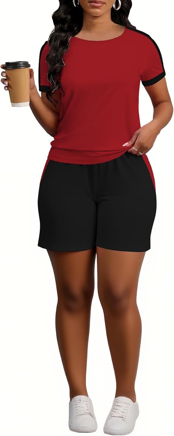 HBQ Women 2 Piece Outfits Summer Color Block Sweatsuits Track Suits Biker Shorts Workout Jogger Sets - Image 2