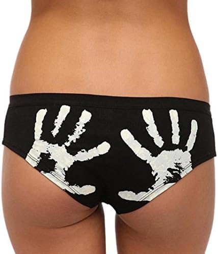 Snowfoller Women Black Funny T-String Pow Letter Hands Printed Thong Knickers Mid-Waist Underwear Comfies Cotton Brief (Black A, XL)