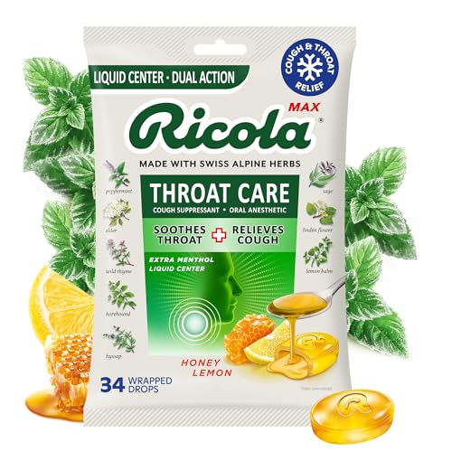 Ricola MAX Throat Care Honey Lemon Drops with Extra Menthol Liquid Center - Maximum Cough and Sore Throat Relief for Cold & Flu Symptoms - 34 Count - Herbal Lozenges