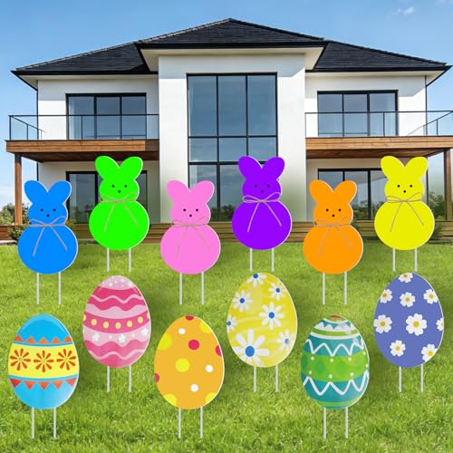 12 PCS Easter Yard Decorations Outdoor, Colorful Bunny and Egg