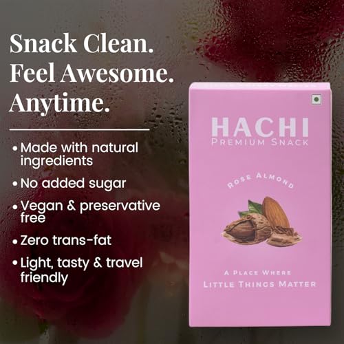 Image of HACHI Healthy Rose Almond Granola | Pack of 4 (35 g Each) | Crunchy Granola with Rolled Oats, Almonds, Rose Petals & Jaggery | Nutritious Snack for Travel, Office & Tiffin