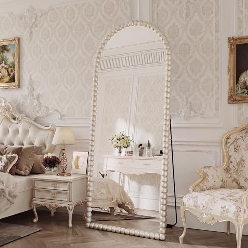 Image of Vintage Full Length Mirror with Stand, 71x28 Inch Arched Beaded Full Body Mirrors, Large Floor Mirror Standing Mirror Full Length Wall Mounted Decor for Bedroom Living Room Cloakroom, PU Frame, Silver