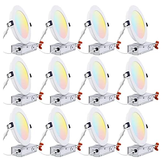 TORCHSTAR 12-Pack 6 Inch LED Recessed Lighting with Junction Box, CRI90, 5CCT Dimmable Ultra-Thin Recessed Downlight, 2700K3000K3500K4000K5000K Color Temperature Selectable, ETL & ES