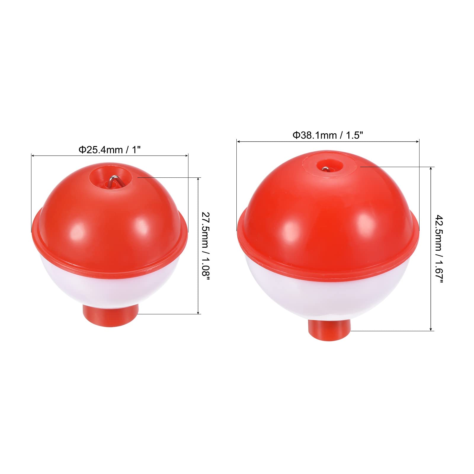 PATIKIL 1 Inch 1.5 Inch Fishing Bobber Bulk, 30 Pack Hard ABS Push Button Round Buoy Float Bobber Tackle, Red and White