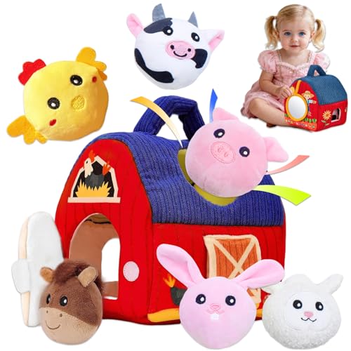 Tbintul Brinquedo Montessori para Bebês 6-18 Meses, Animais de Pelúcia de Fazenda Macios com Sonajes, Rugas, Espelho, Brinquedos Montessori para Bebês 3 6 12 18 Meses