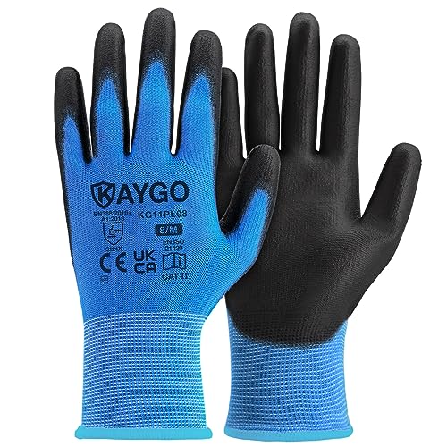 KAYGO Work Gloves PU Coated-12 Pairs, KG11PL, Safety Working Gloves with Secure Grip on Palm & Fingers, for Men and Women, Ideal for General Purpose Light Duty Work, Gardening (Medium, Blue)
