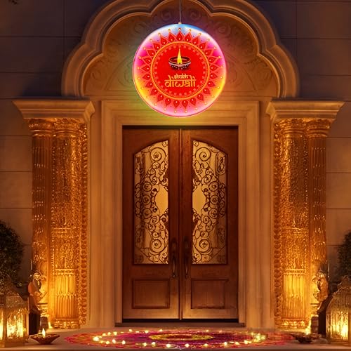 Image of Gesto Shubh Diwali LED Board Light - Multicolor Double-Sided Hanging Display | Festival Lights for Home, Door Entry, Balcony,Corporate Offices, Showrooms, Mandir,Pooja Pandal & Diwali Decoration Items