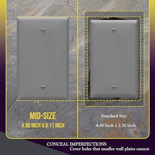 Image of ENERLITES 10 Pack Mid-Size Blank Wall Plate Cover, No Device, 1-Gang, Gray | Medium size 4.88 inch x 3.11 inch, cover unused electrical box /outlet /switch, unbreakable polycarbonate, UL-listed, easy to install