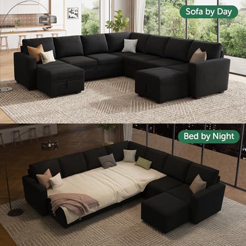 Image of HONBAY Modular Sectional Sleeper Sofa with Pull Out Couch, Oversized U Shaped Sleeper Pull Out Bed with Storage Sectional Couches for Living Room - Black