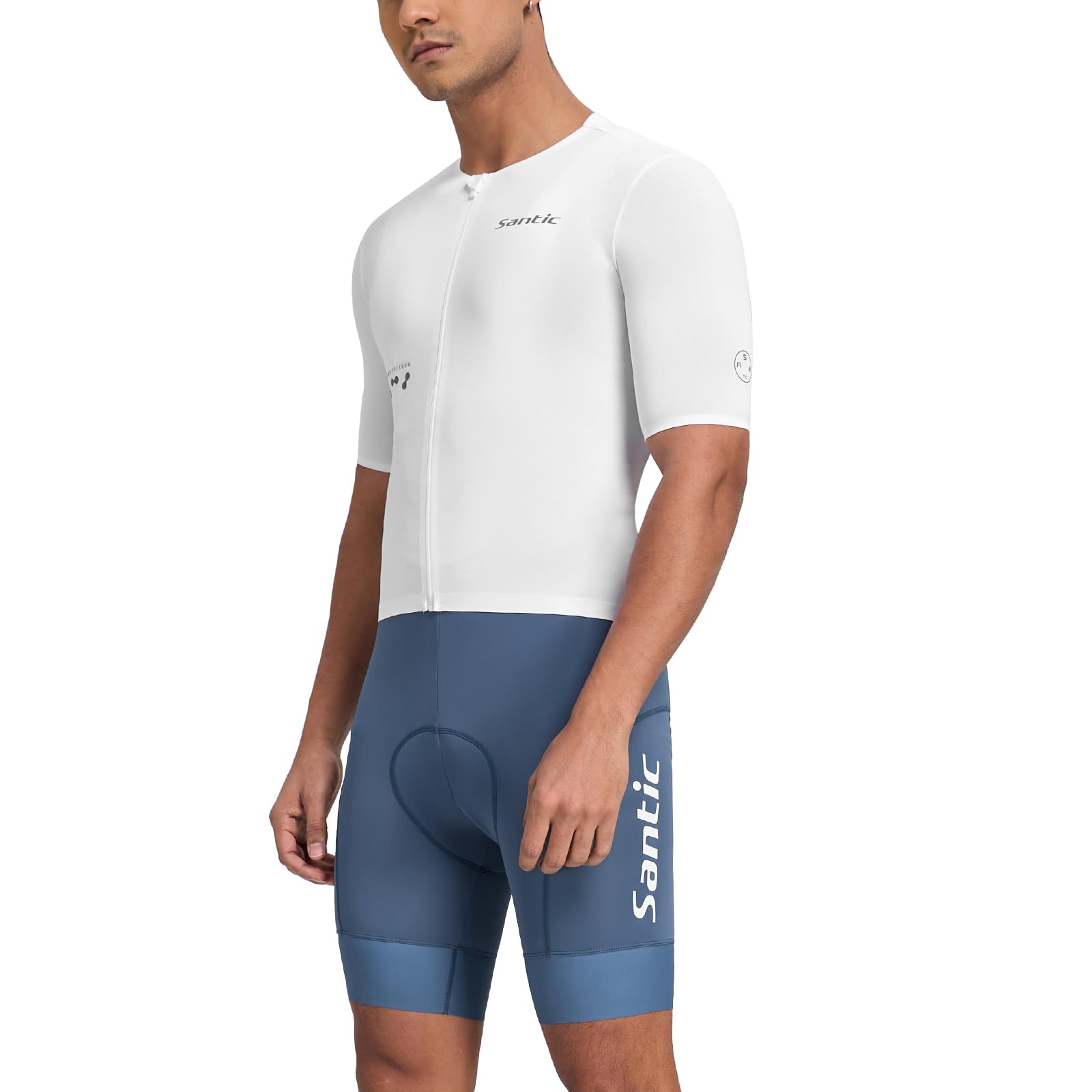 Santic Maillot de cyclisme à manches courtes pour homme avec fermeture éclair intégrale UPF 50+ Poches