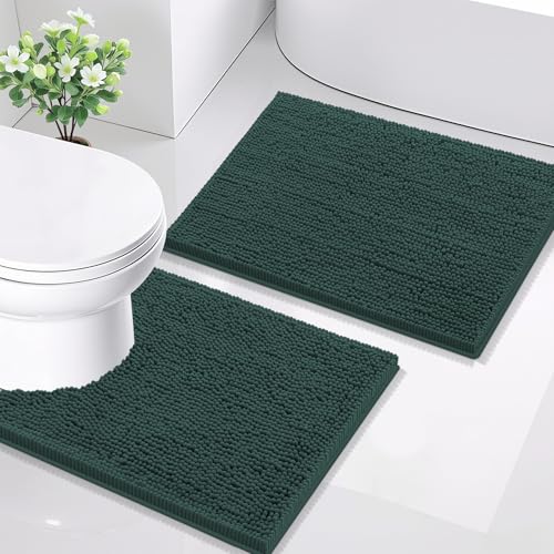 Image of Smiry Bathroom Rugs Set 2 Piece, Soft Absorbent Chenille Bath Mat and U-Shaped Toilet Rug Set, Non Slip Shaggy Bath Carpet for Tub, Shower and Floor (24x16+24x20, Green)