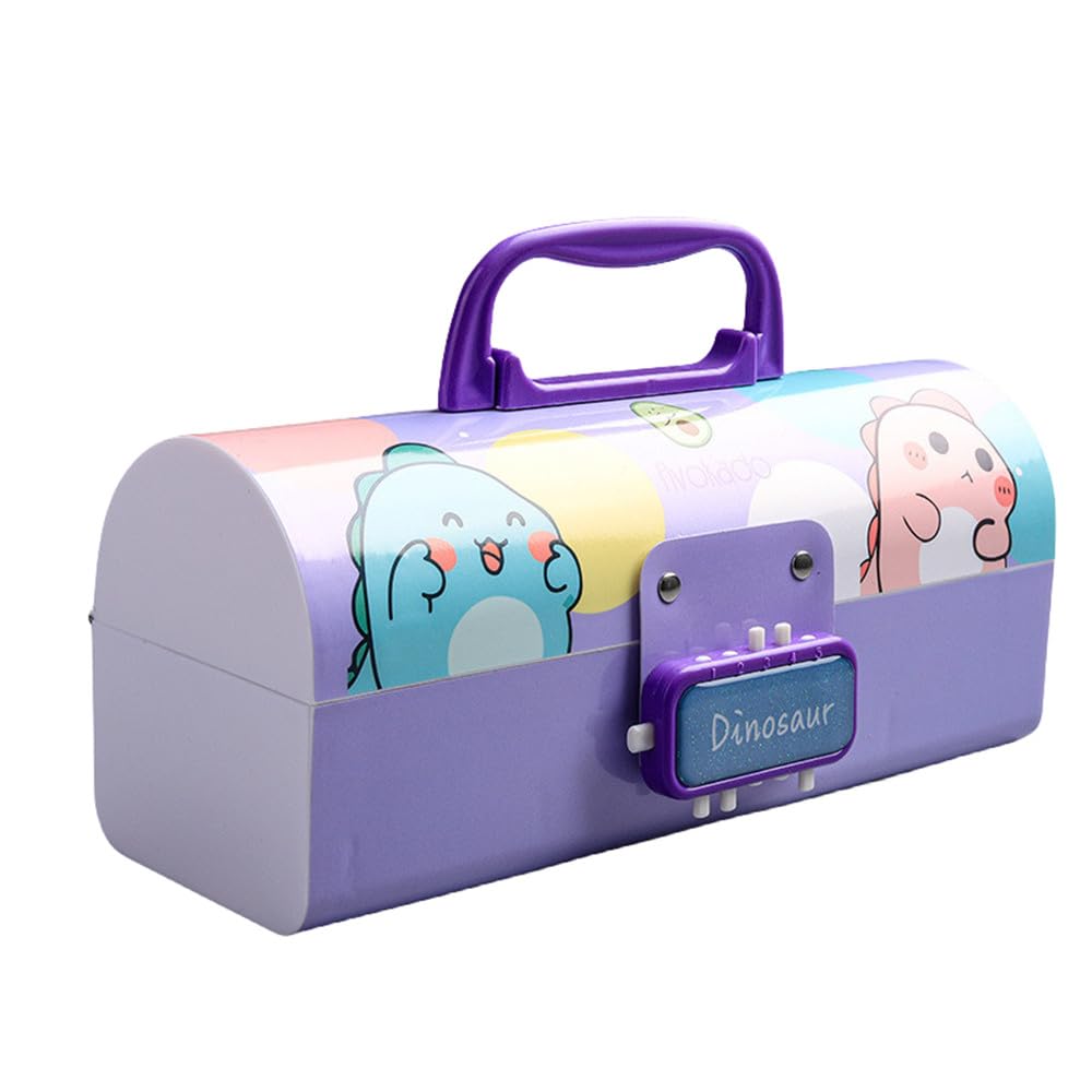 Pencil Case, Large Capacity Pencil Case Organizer; Double Combination Lock Double Layer Storage Box ; Big Pencil Pouch for Teen Girl Boy (lock purple dino)