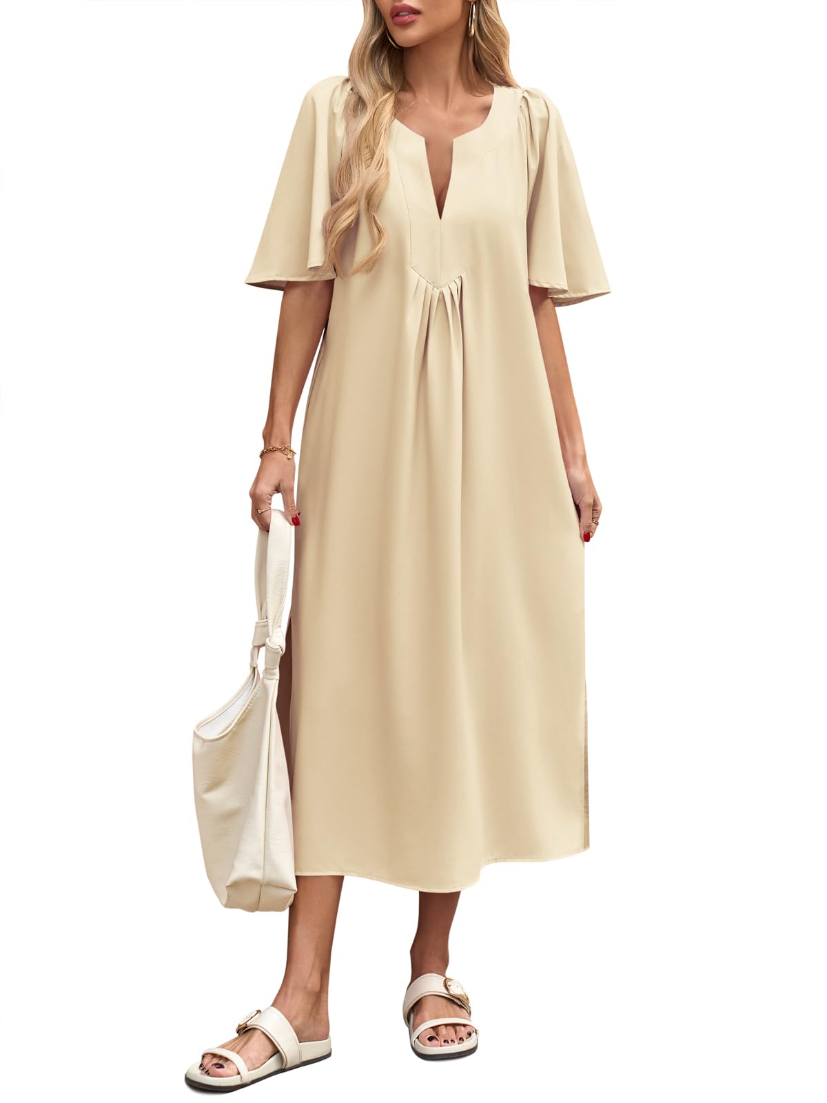 Wenrine Womens Casual Maxi Dress Short Sleeve Loose Flowy Summer Dresses