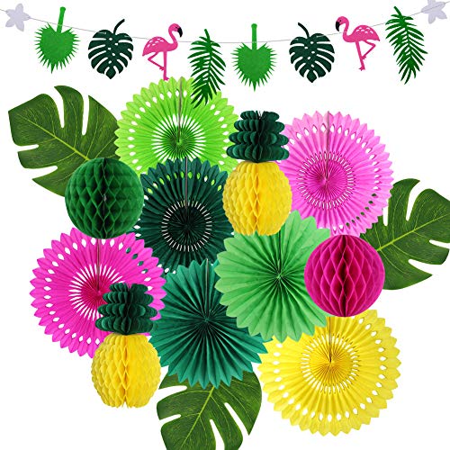 Hawaiian Party Decorations, Tropical Birthday Party Supplies Flamingo and Palm Leaves Banner Tissue Paper Fan Pineapple Honeycomb Ball for Summer Luau Bachelorette Party