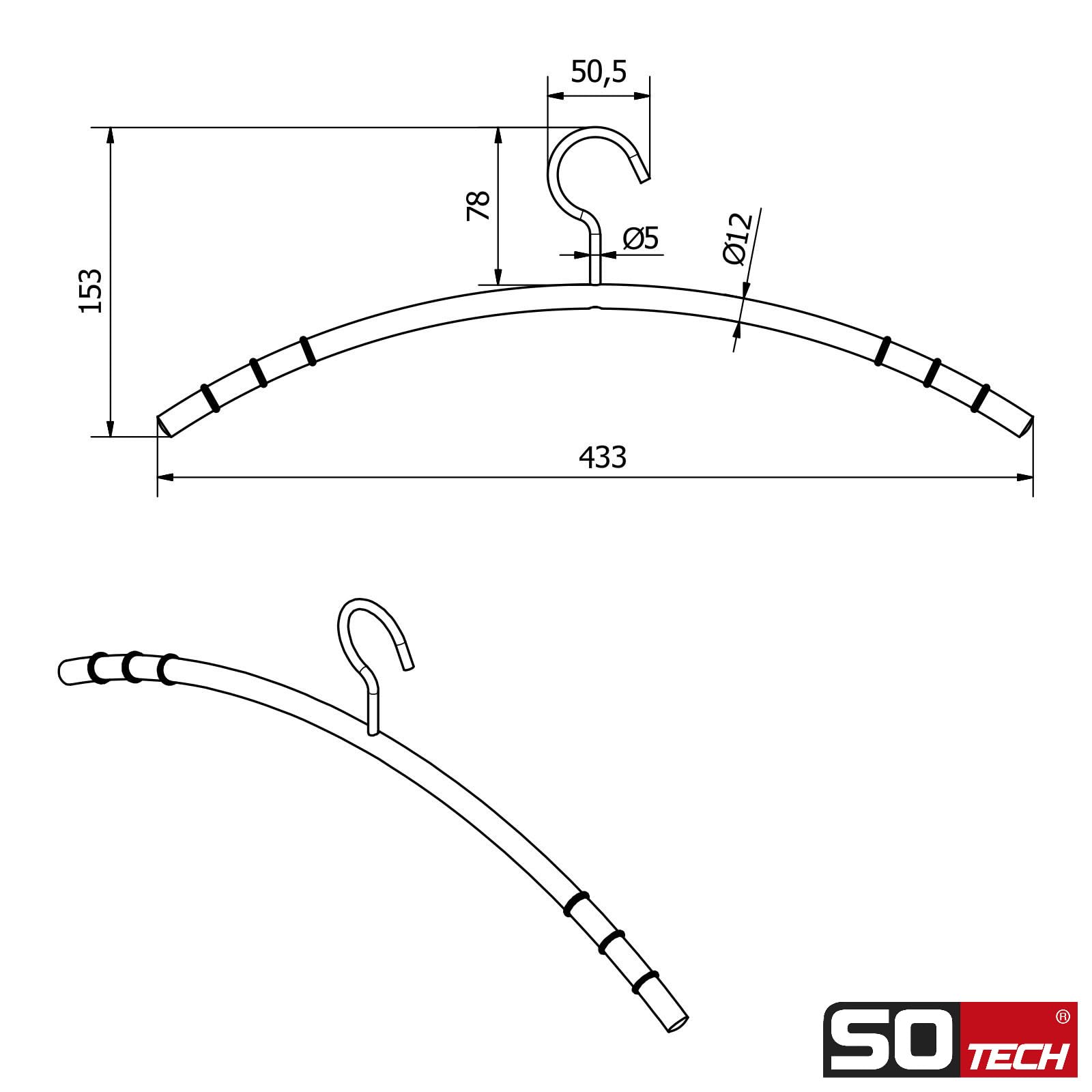 SOTECH 10 Stück Design Kleiderbügel Edelstahl SS201 mit Anti-Rutsch-Ringen (Haken 360 Grad drehbar, Rundrohr Ø 12 mm x 433 mm, gebürstet) Aufhängebügel für Kleiderschränke und Garderoben