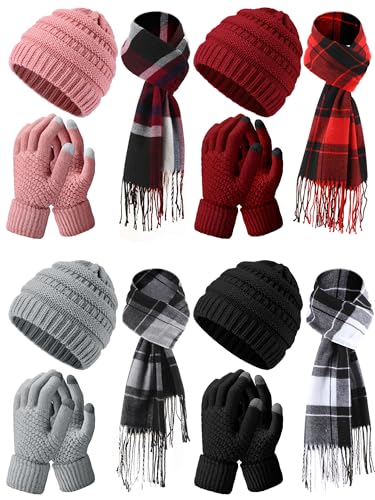 Zhehao 12 Pcs Winter Beanie Hat Scarf Gloves Set Including Knit Beanie Hat Warm Long Scarf Touch Screen Gloves for Women Men(Classic Colors, Plaid)