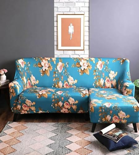 Image of House of Quir Universal Sectional Sofa Covers L - Shape Couch Slipcover 2pcs Stretch Elastic L-Type Chaise Sofa Couch Furniture Protector (Blue Flower)
