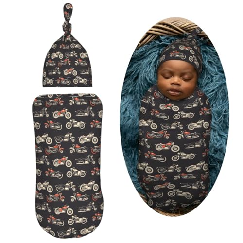 Image of Motorcycles On Black Background Newborn Swaddle Blankets Hat Sets Soft Baby Receiving Blanket Swaddle Sack for Baby Shower Infant Boy Girl Gift