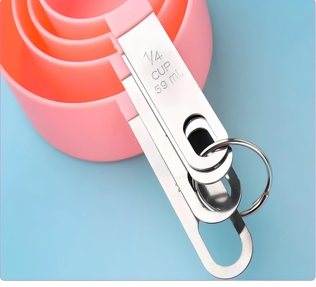 Juego de 8 tazas y cucharas medidoras, incluye 4 tazas medidoras de acero inoxidable y 4 mini cucharas medidoras, mango apilable, cuchara precisa para medir ingredientes secos y líquidos (rosa)