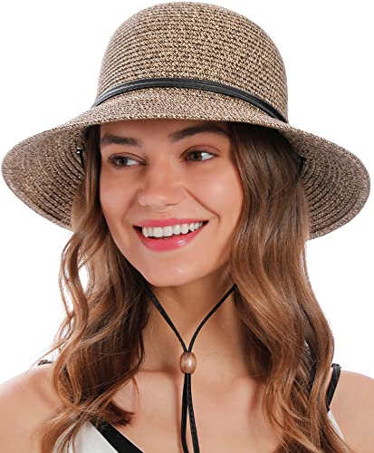 Simplicity Womens Beach Hat, Wide Brim Lightweight Straw Cute Sun Hat with Chin Strap Roll Up Sun Visor, Coffee/Brown