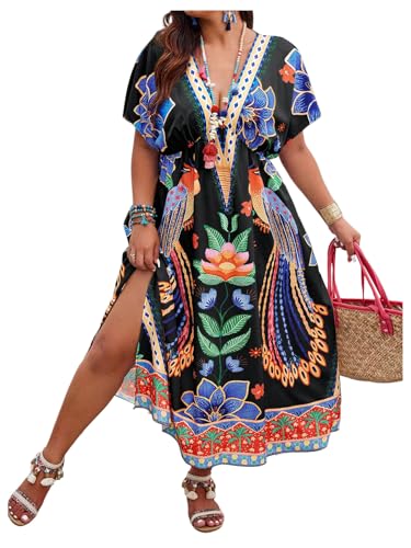 Image of Floerns Women's Plus Size Tribal Print Dolman Sleeve Slit Summer Maxi A Line Dress