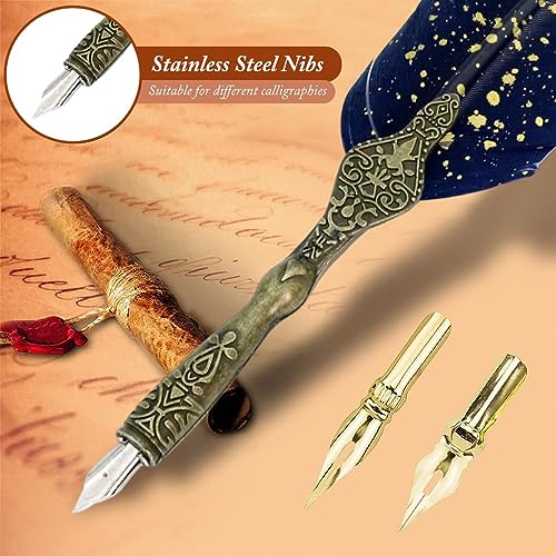 Image of SHUTTLE ART Vintage Carving Feather Pen Set, Glittering Quill Pen Set Antique Calligraphy Writing Dip Pen with Ink, Pen Stand Base, Luxury Vintage Signature Pen