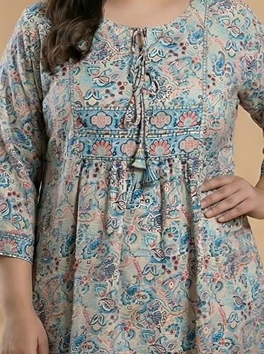Image of Yash Gallery Women's Polyester Relaxed Fit Short Floral Placet 3 /4 Sleeve and Keyhole Neck Printed Kurti