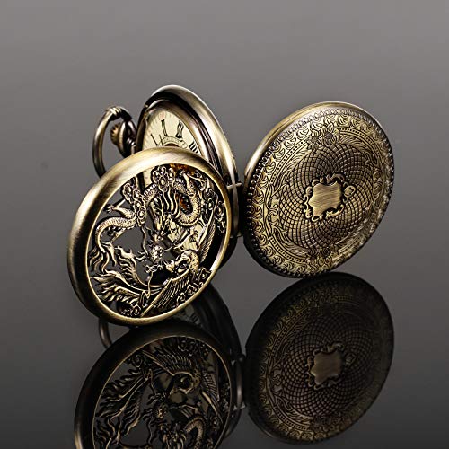 Image of TREEWETO Mens Antique Mechanical Pocket Watch Lucky Dragon & Phoenix Retro Skeleton Dial Double Cover with Chain
