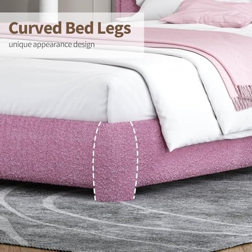 Image of BarnFurin Queen Bed Frame, Cloud Boucle Headboard, Low Profile, Rose Pink | Soft boucle and rounded edges create a low-profile cloud look. Wooden slats support the mattress without a box spring