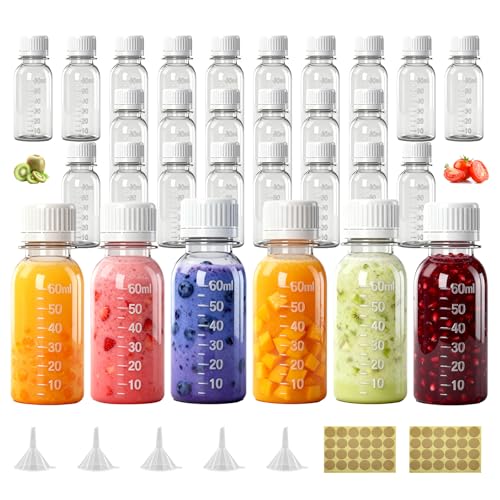 42 Pcs 2 Oz Small Plastic Bottles for Liquids, Mini Jars with Lids, Leak-proof Juice Shot Bottles with Caps with Scale and Labels for Ginger Sauce Bulk Portable Travel DIY Wedding Party Christmas