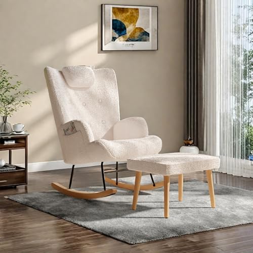 FEEOHOME - Silla mecedora, silla de lactancia para dormitorio y salón (terciopelo Teddy blanco+reposapiés)