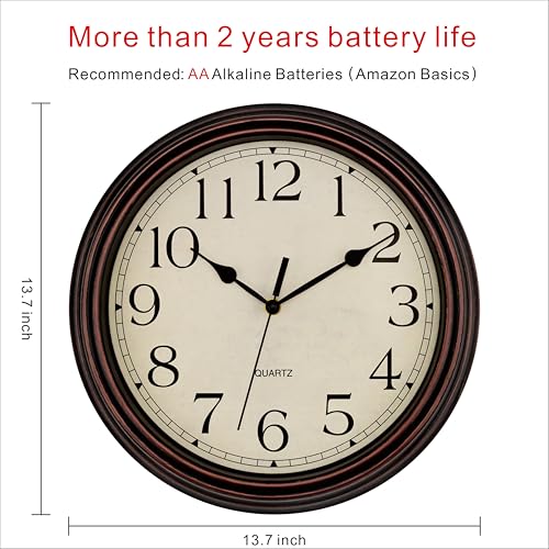 Image of Foxtop 14 Inch Wall Clock Battery Operated Silent Non-Ticking Round Classic Vintage Retro Wall Clock Decorative for Living Room Kitchen Home Office (Bronze)