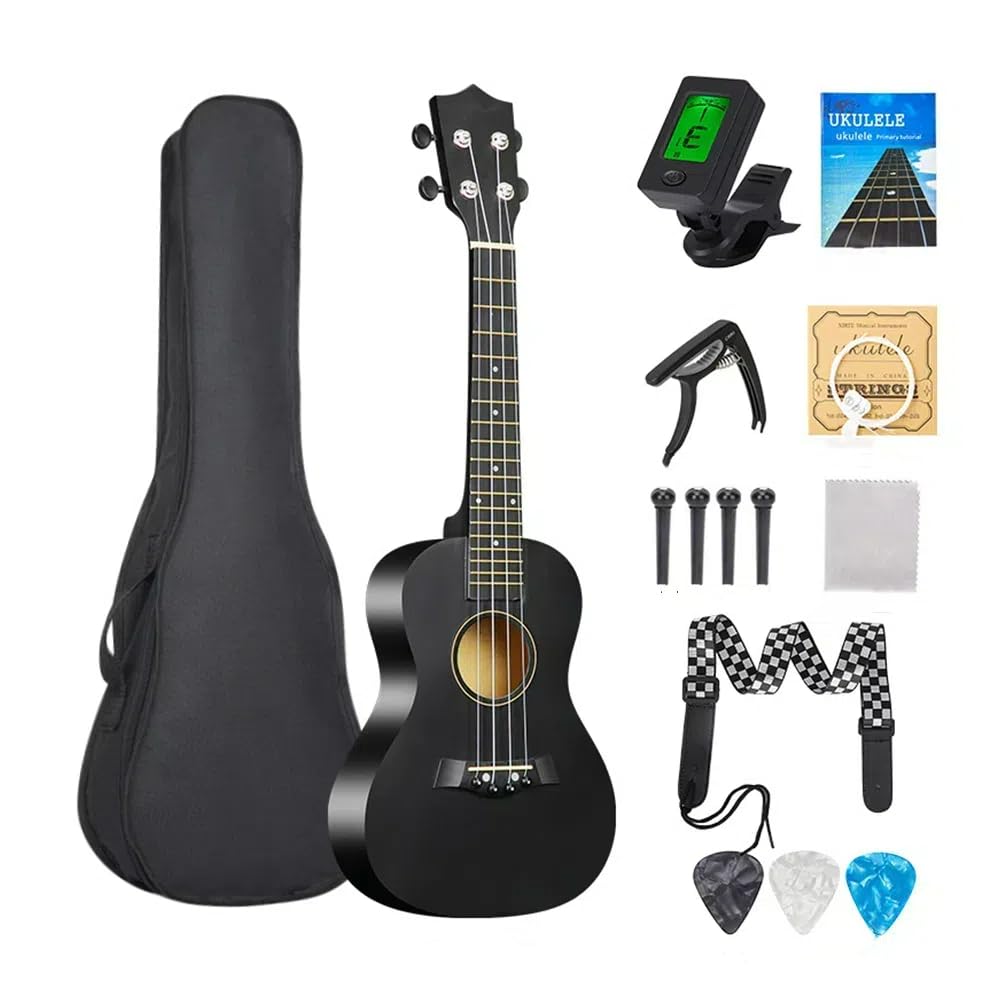 Eacam 23 Inch Ukulele, Acoustic Ukulele Kit with Storage Bag Strap Bridge Pin Pitch Shifter Pickup Tuner Cleaning Cloth Basswood for Beginner Students Starter Black