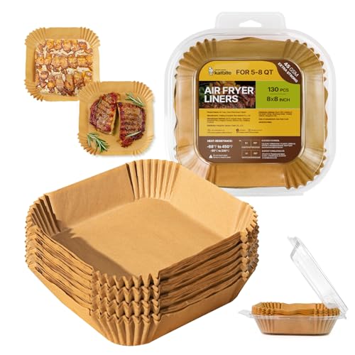 Katbite 8 inch Air Fryer Liners Disposable, Square Non-Stick Air Fryer Paper Liners, Unbleached Parchment Paper for 5 to 8 Qt Basket; Frying, Baking, Cooking, Roasting - Easy Cleanup - 130pcs