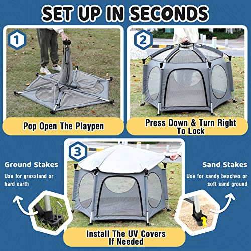 Image of PRObebi Portable Pop Up Playpen for Babies and Toddlers - Grey Lightweight Outdoor Play Yard with Three Sun-Shade - Beach and Indoor Use with Travel Bag