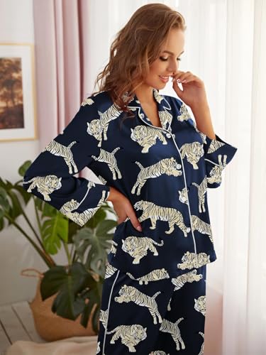 Image of Brosloth Women's Silk Satin Pajamas Pjs Sets Cute Lace Pattern Two Piece Loungewear Set Button Up Pajamas Sleepwear Black