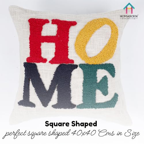 Image of HOMADORN 100% Cotton Hand Tufted Cushion Cover | Text Pattern Decorative Pillow Case | Boho Sofa Cushion Cover for Living Room | Soft & Durable | (16x16 Inches) (1, Home Multicolor)