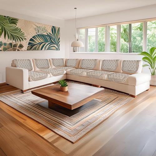 Image of Premium Chenille Woven Anti-Slip 6 Seater L-Shape Sofa Cover | L-Shape Sofa Seat Protector for Living Room | Durable & Stylish Slipcover - Beige