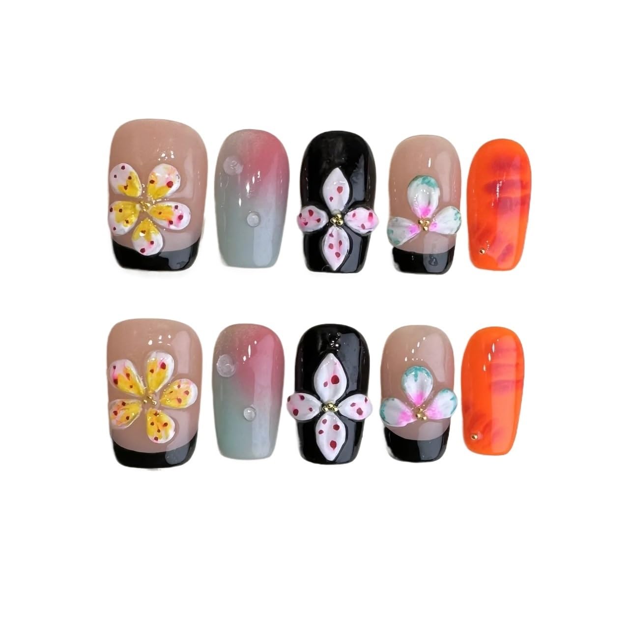 Uñas Lindas 10 piezas hechas a mano 3D flor verde prensa francesa en las uñas, uñas postizas adhesivas, arte de uñas floral(605 size-XS)