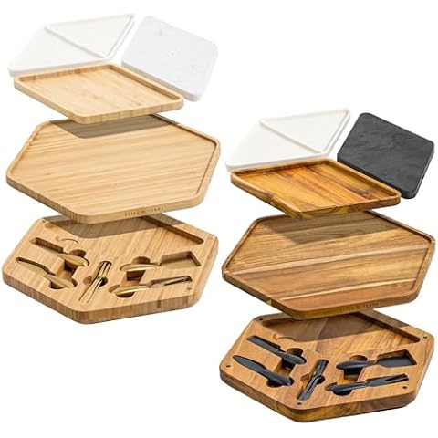 BELLE TERRE Cheese Board Acacia and Bamboo Set - Wood Charcuterie Board for Serving Cheese, Crackers, Meat, Olives - Serving Board for Gift, Entertaining, & Parties Cover