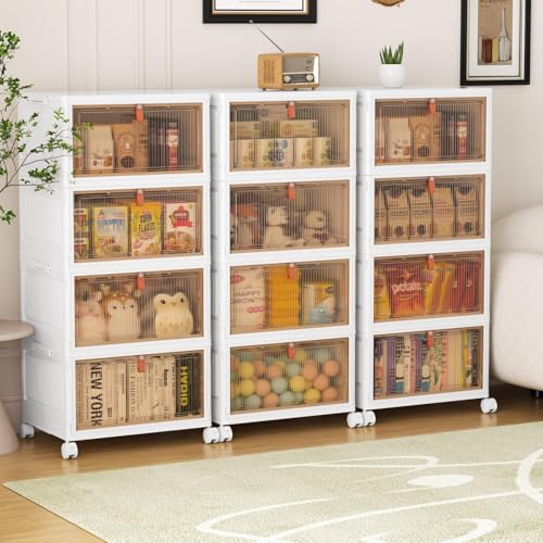 Image of 4 Tier Plastic Storage Bins with Lids 28QT, Stackable, Wheeled, Collapsible, Closet Organizers for Living Room, Office, Dorm