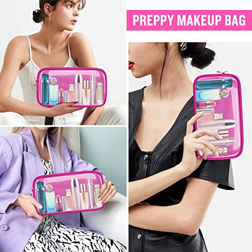 Small Clear Travel Makeup Organizer Bag For Purse, Preppy Makeup Bag Cute Cosmetic Zipper Pouch Purse, Transparent Pvc & Nylon Waterproof Toiletry Storage Clutch Coin Pouch For Women Girls(Hot Pink) #TOP4