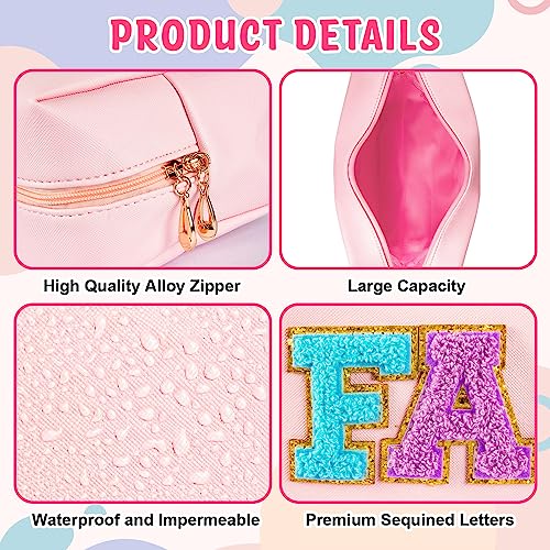 ZAUGONTW 3 Pcs Preppy Patch Makeup Bag Chenille Letter Bag, PU Leather Waterproof Toiletry Bag Hair Bag with Nylon Zipper Patches Makeup Organizer Bag Set for Women3