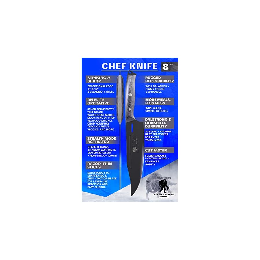 Dalstrong-Chef-Knife-8-inch-Delta-Wolf-Series-Knife-Ultra-Thin-Zero-Friction-Blade-HC-Steel-Chefs-Knife-Black-Titanium-Nitride-Coating-G10-Camo-Handle-Leather-Sheath Dalstrong Chef Knife - 8 inch - Delta Wolf Series Knife - Ultra-Thin & Zero Friction Blade - HC Steel Chef's Knife - Black Titanium Nitride Coating - G10 Camo Handle - Leather Sheath
