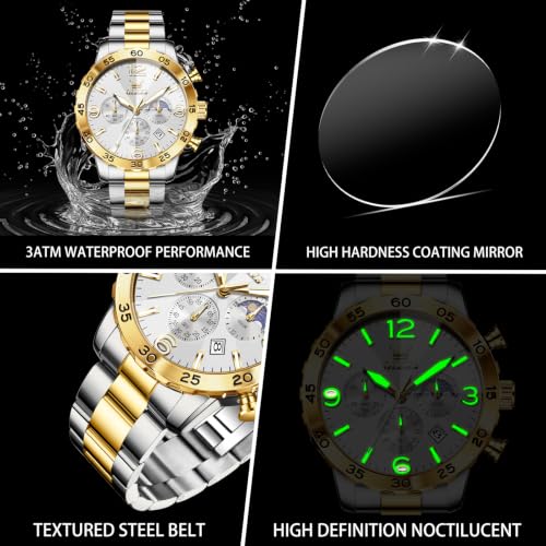 Image of OLEVS Men's Watch Luxury Sun-noon Phase Waterproof Dress Chronograph Analog Quartz Stainless Steel Multifunction Fashion Watch with Date, Big Dial 44mm, Luminous Hands Scales